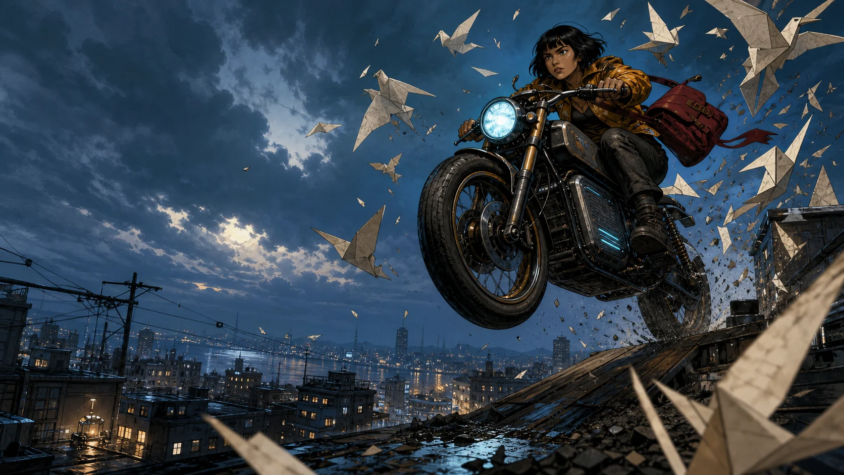 Mara Vale launches a motorcycle from a rooftop through a flock of paper birds